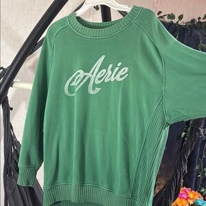 Aerie Green Crewneck Sweater with Ribbed Trim